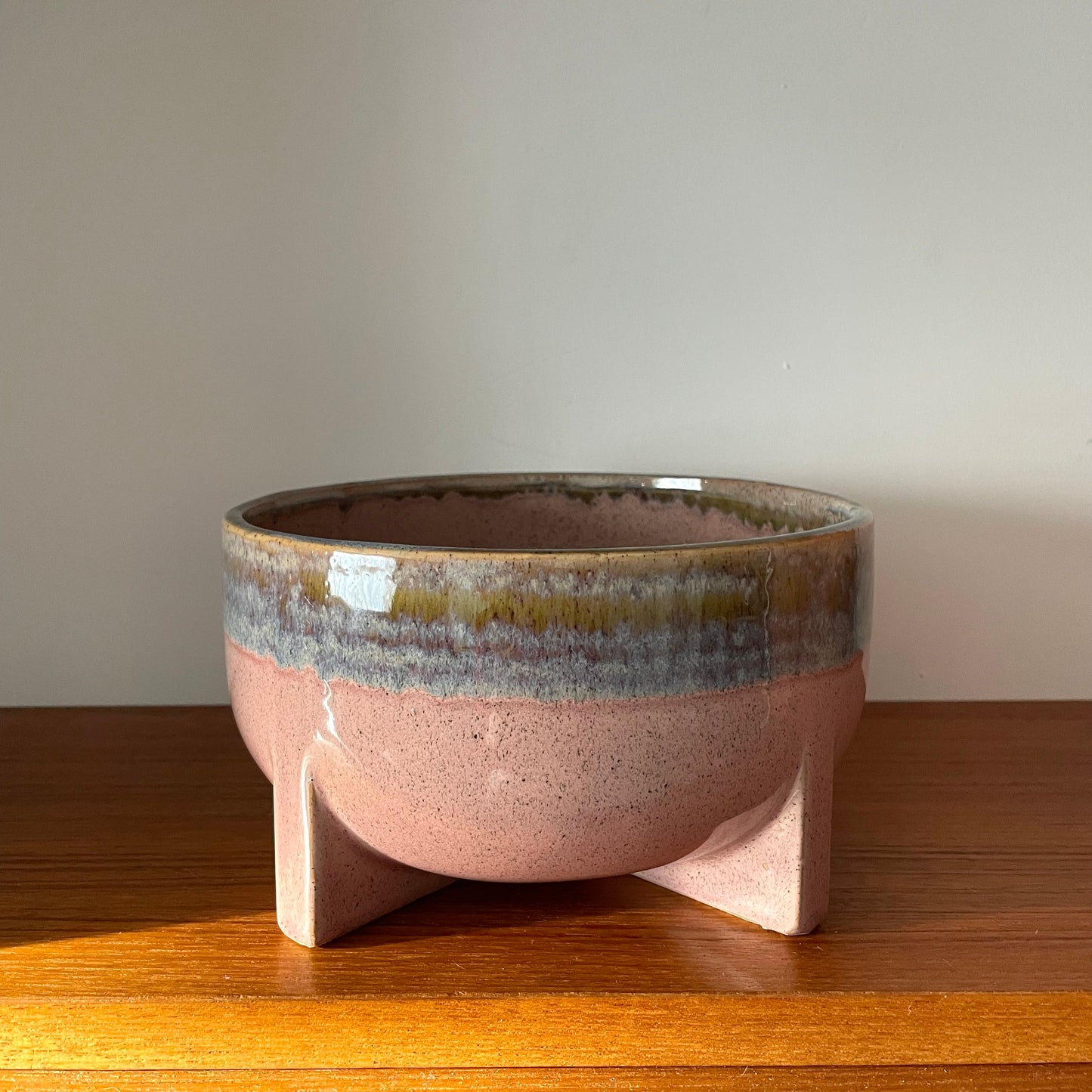 Preloved Pink and Blue Glazed Wide Plant Pot with Feet Houseplant Pot