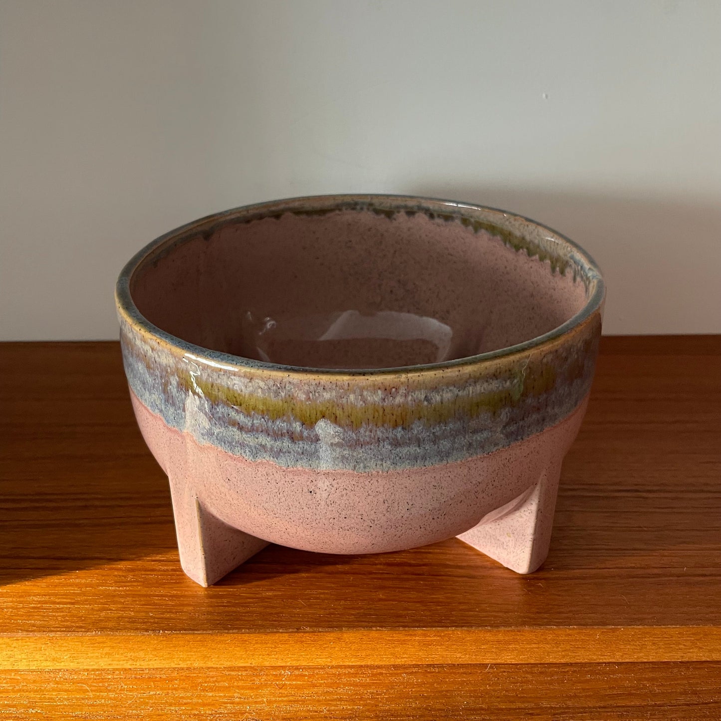 Preloved Pink and Blue Glazed Wide Plant Pot with Feet Houseplant Pot