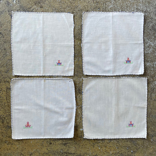 Vintage Set of Four Cream Handmade Cross Stitch Pagoda Japanese Design Placemats Square Napkins. Job Lot, Bundle