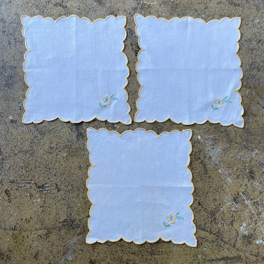 Vintage Set of Three White and Yellow Pastel Scallop Floral Embroidered Dressing Table Placemats. Job Lot, Bundle