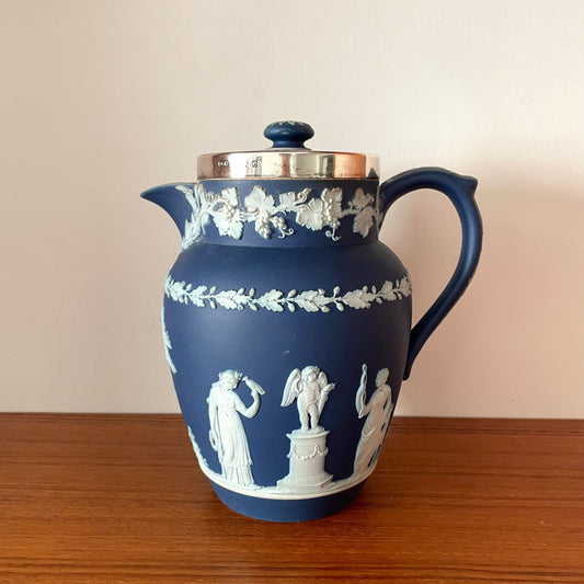 Vintage Wedgewood Blue Jasperware Pitcher 24 with Silver Detail