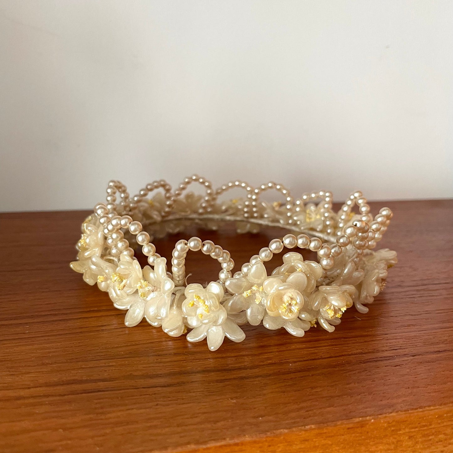 1920 Antique Cream Wax and Beaded Floral Bridal Headpiece Tiara Wedding. Vintage Bride