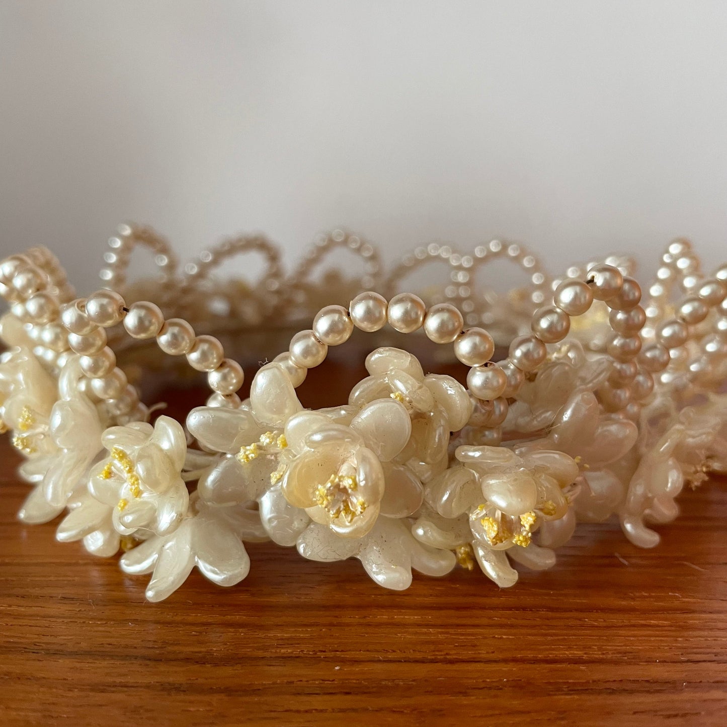 1920 Antique Cream Wax and Beaded Floral Bridal Headpiece Tiara Wedding. Vintage Bride