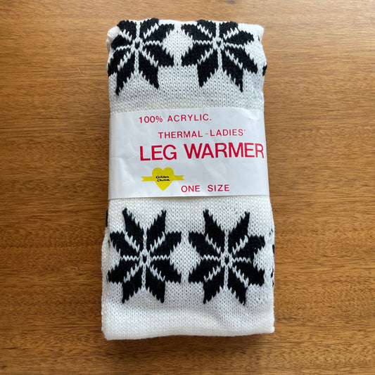 Vintage Deadstock Knitted Winter Star Pattern Legwarmers by Golden Charm One Size White and Black