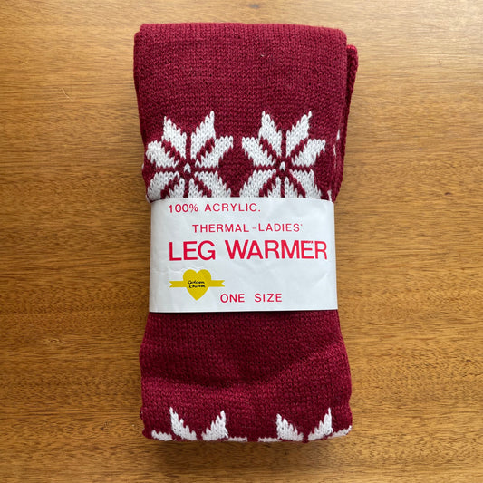 Vintage Deadstock Knitted Winter Star Pattern Legwarmers by Golden Charm One Size Burgundy and White