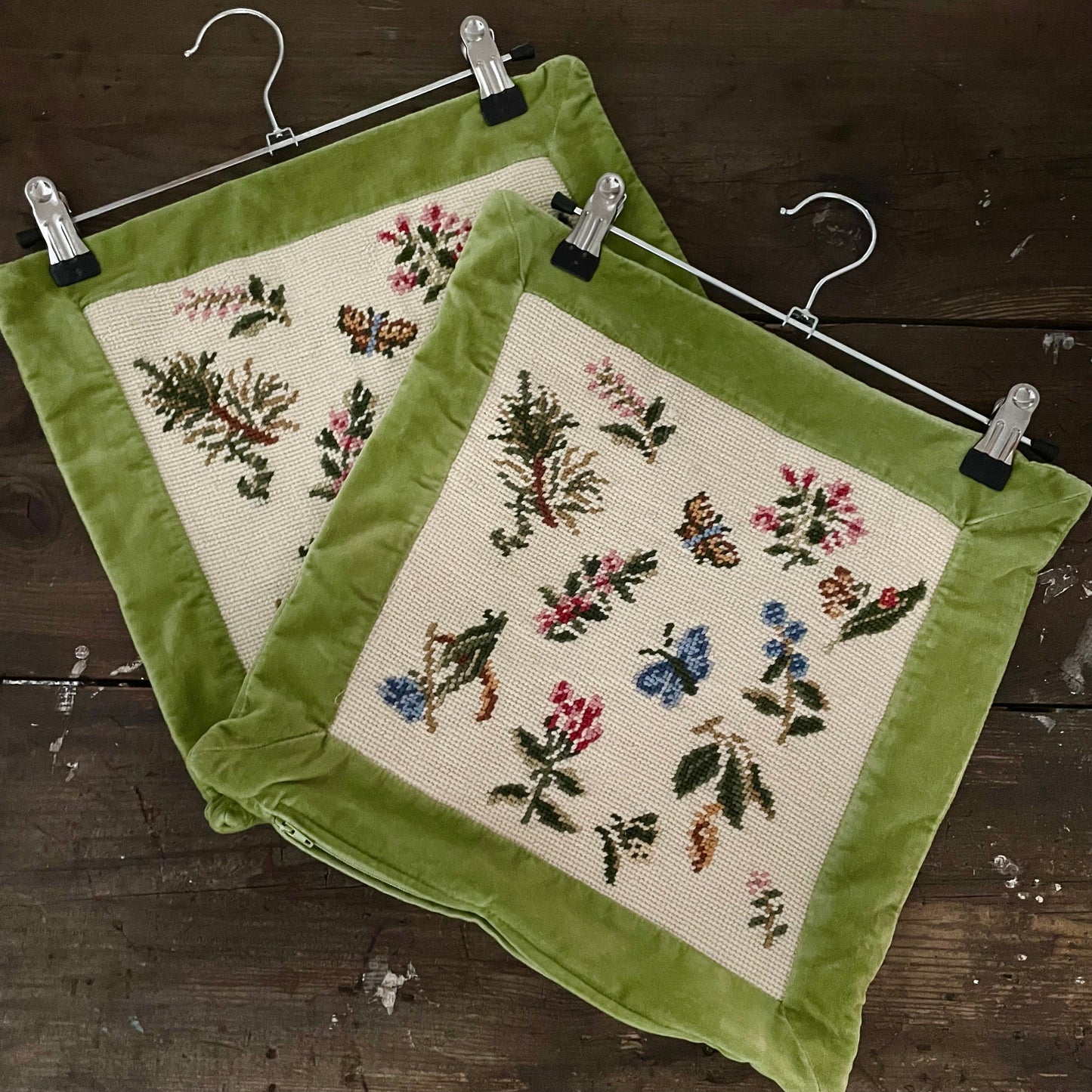 Vintage Pair of  Cross Stitch and Green Velvet Floral Small Cushion Covers