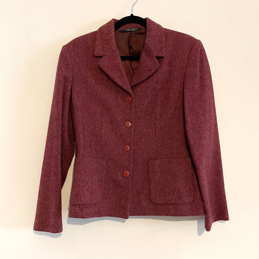 Vintage Laura Ashley Pink Burgundy Herringbone Tweed Jacket Blazer