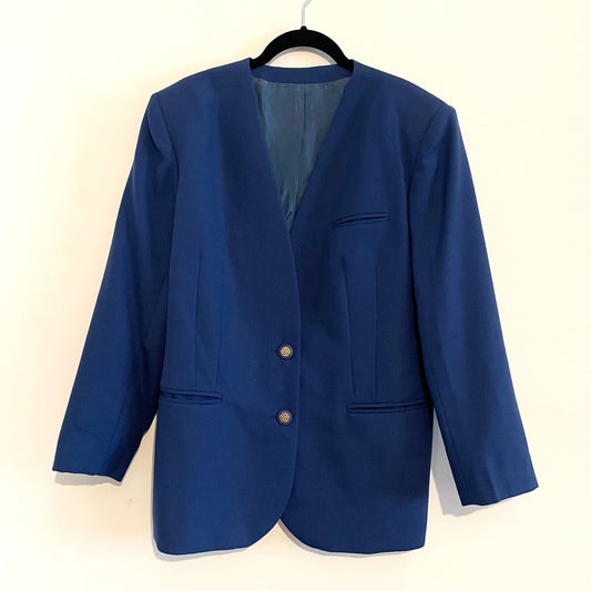 Vintage Blue Longline Collarless 80s Jacket Blazer