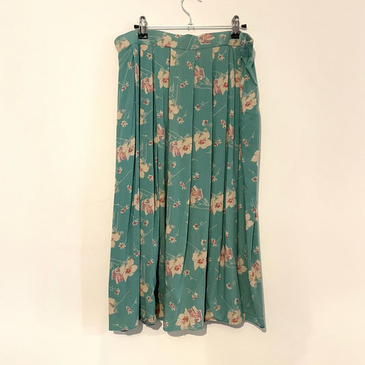 Vintage Blue Midi Skirt Pleated with White Floral Design