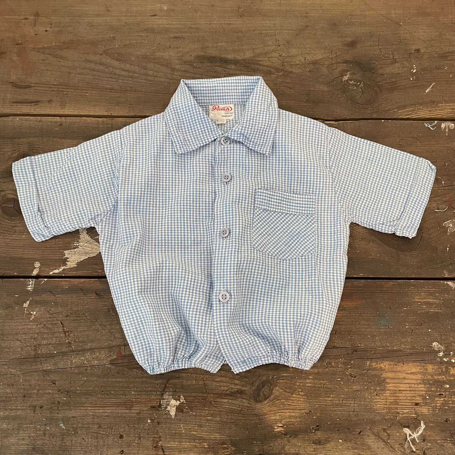 Vintage Deadstock Puma Children's Blue Gingham Shirt Top. Empire Product