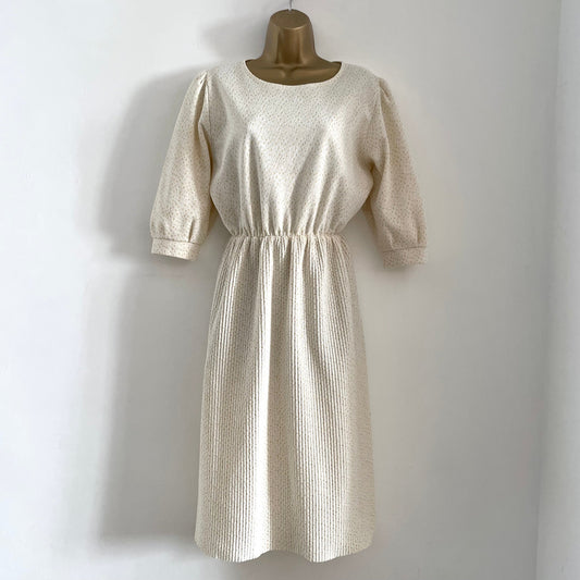 Vintage Cream and Yellow Long Sleeve Textured Dress with Pleated Skirt