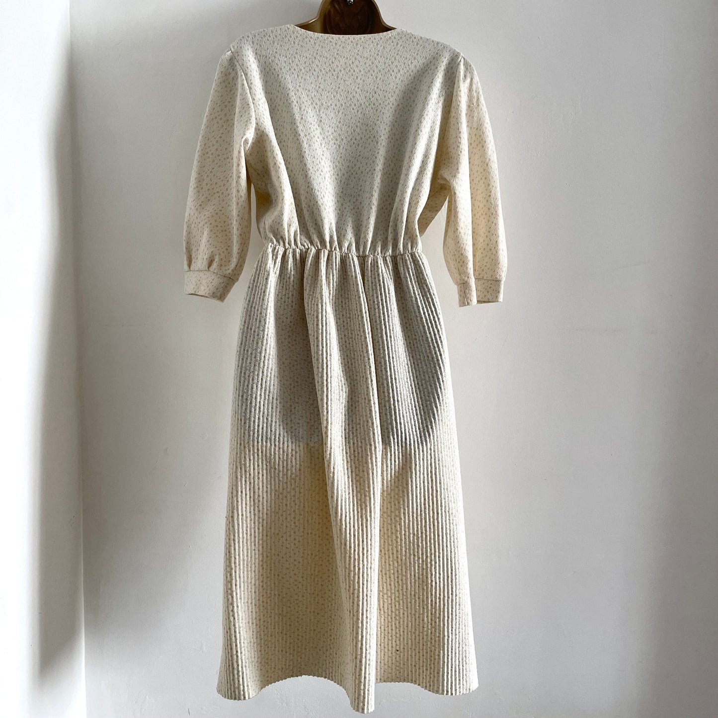 Vintage Cream and Yellow Long Sleeve Textured Dress with Pleated Skirt