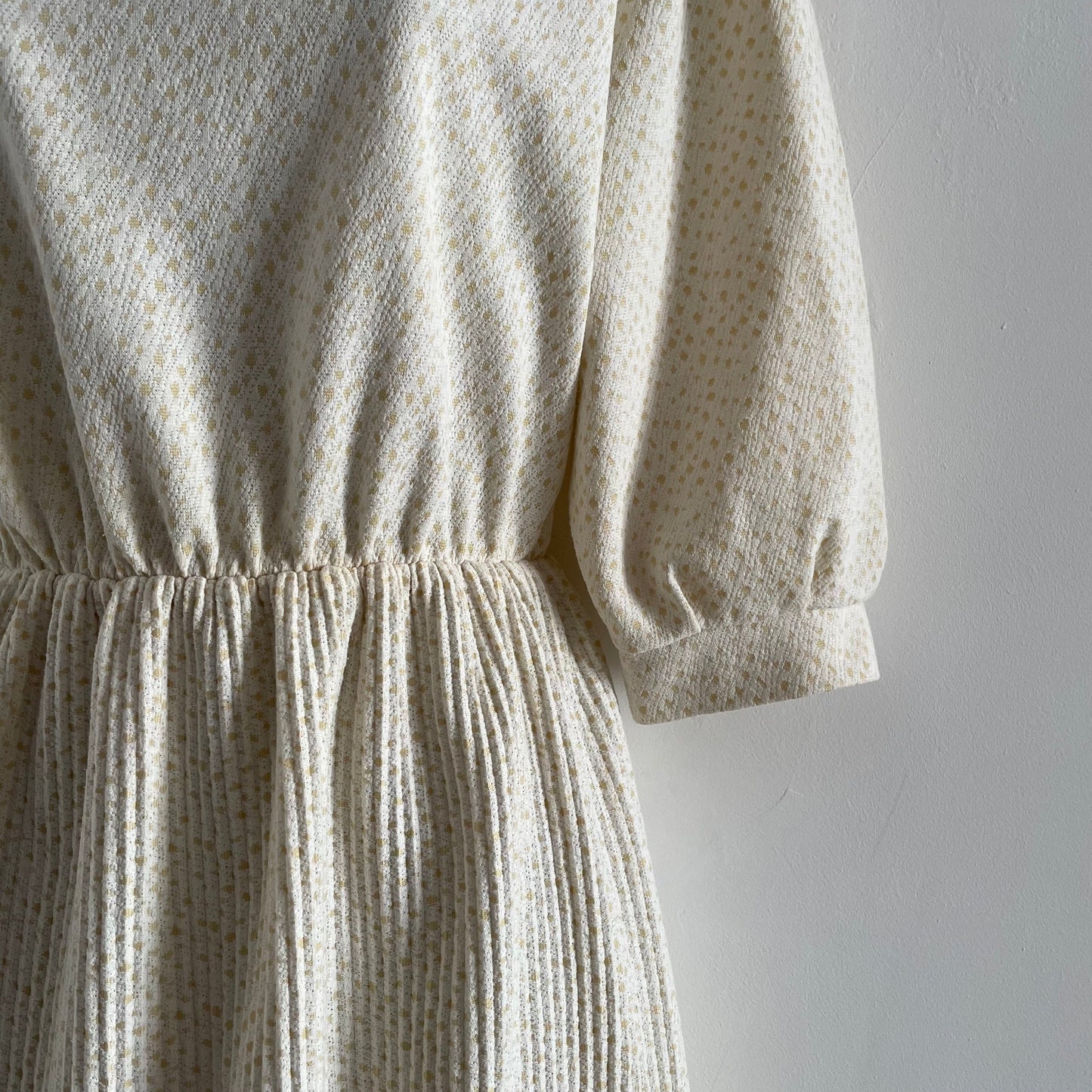 Vintage Cream and Yellow Long Sleeve Textured Dress with Pleated Skirt