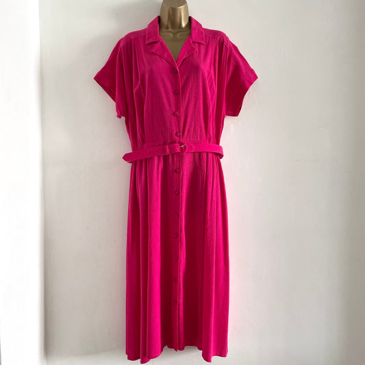 Vintage Bright Hot Pink St Michael Shirt Dress Crepe Midi Dress Short Sleeve