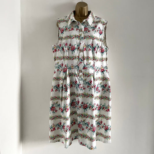 Vintage White Floral Sleeveless Hawaiian Sleeveless Shirt Dress