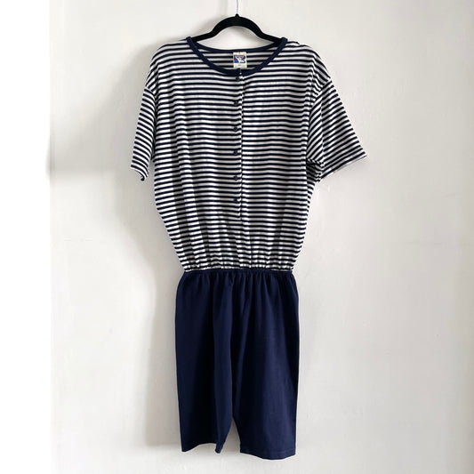 Vintage Yessica Knitted Navy Blue and White Stripe T-shirt Beach Playsuit