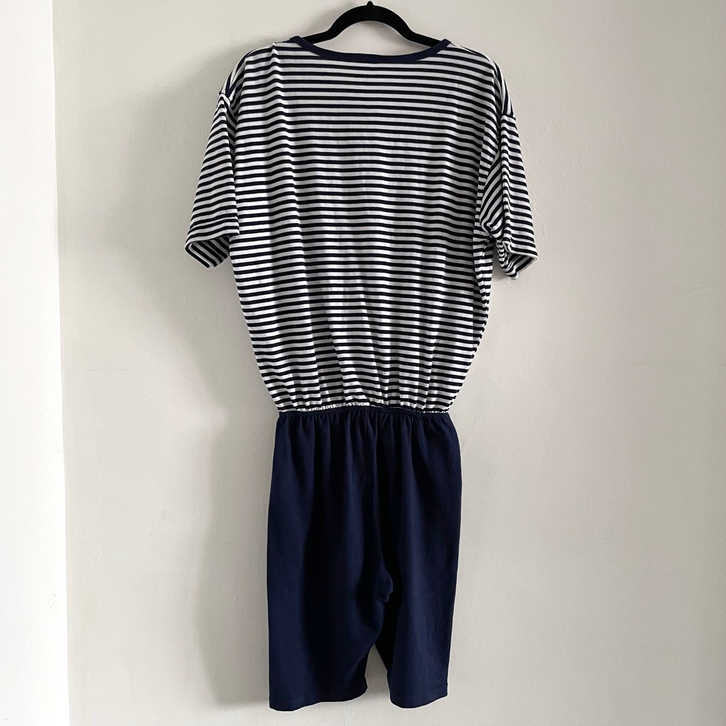 Vintage Yessica Knitted Navy Blue and White Stripe T-shirt Beach Playsuit