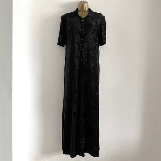 Vintage Yessica Long Black Crushed Velvet Shirt Short Sleeved Maxi Dres