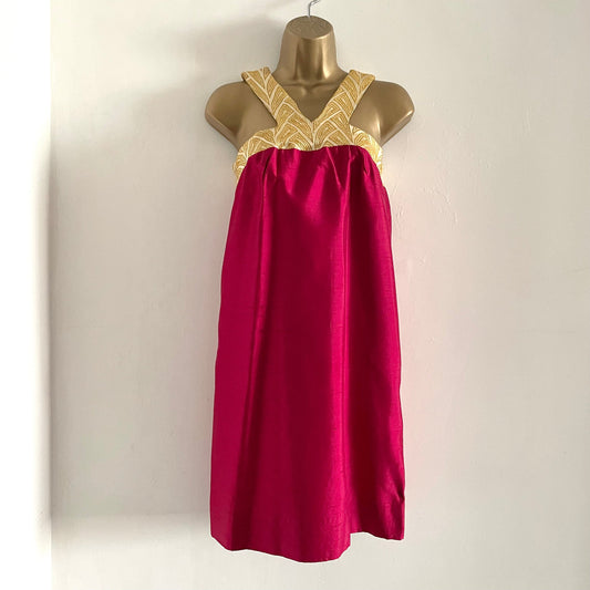 Vintage Hot Pink and Yellow Silk Halterneck Mini Dress