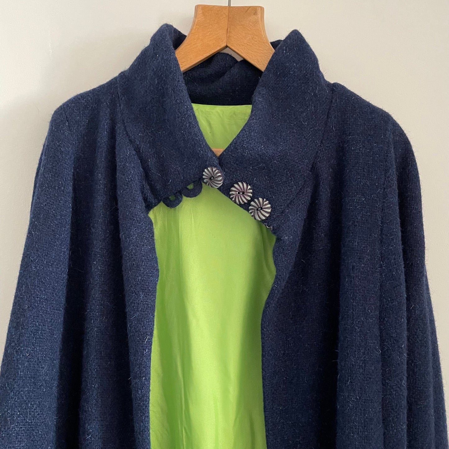 Vintage Handmade 1940s Navy Blue Cape and Dress 100% Wool. Statement Green Lining