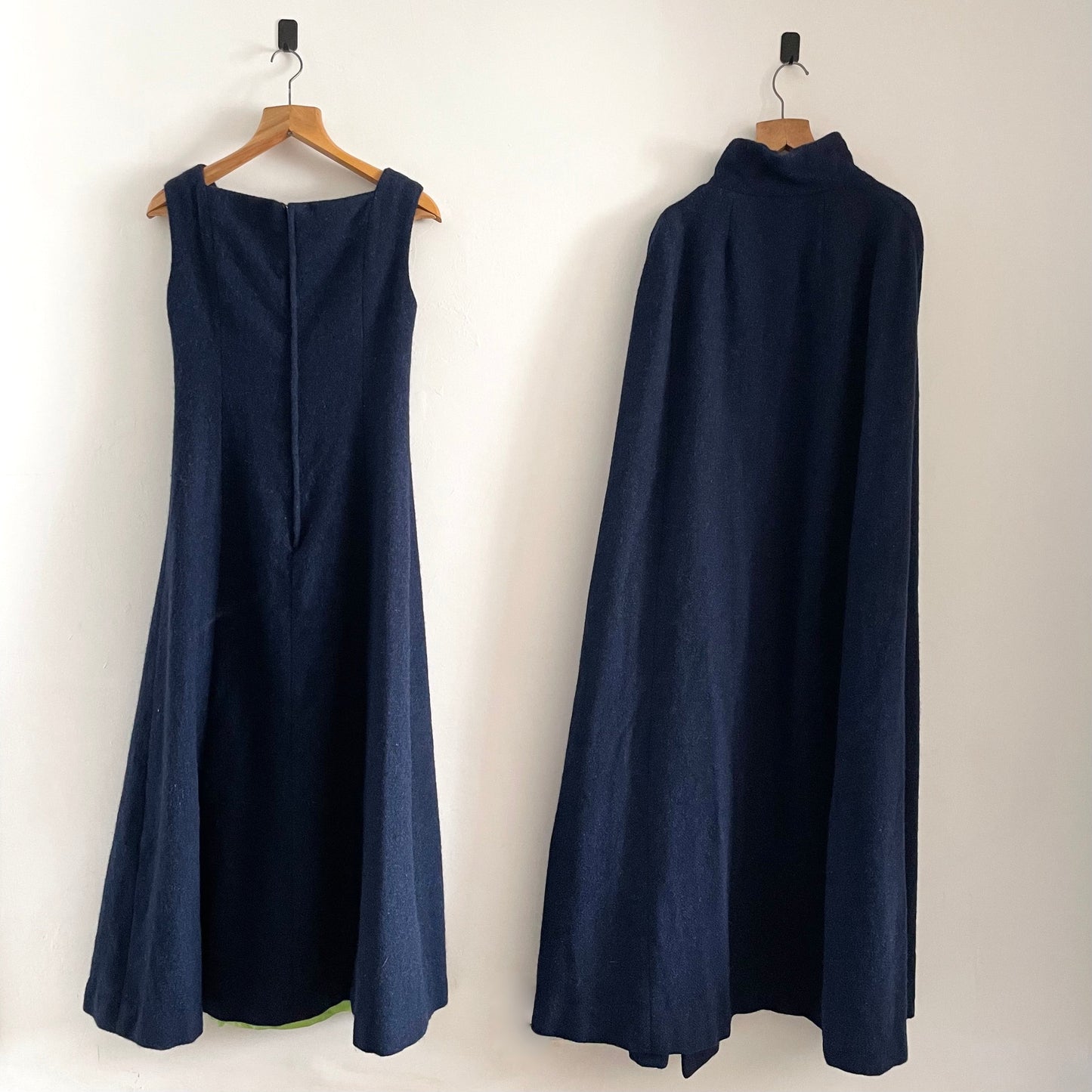 Vintage Handmade 1940s Navy Blue Cape and Dress 100% Wool. Statement Green Lining