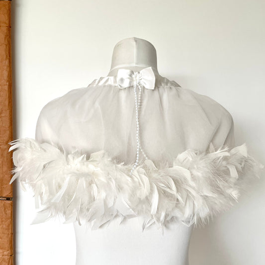 Vintage Bridal Real Feather Sheer Cape with Bow and Beaded Detail