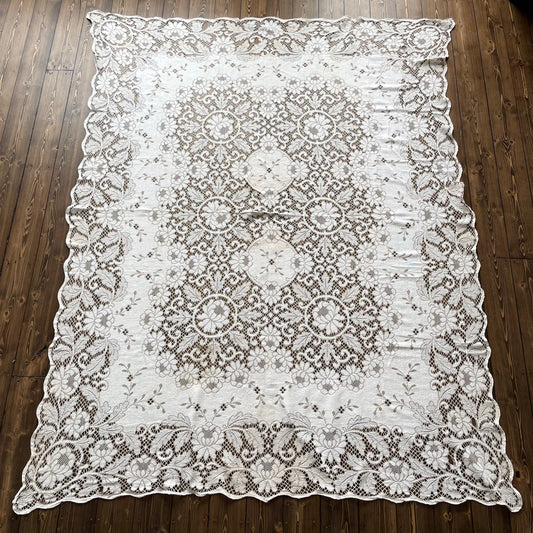 Vintage Antique White and Brown Intricate Floral Lace Extra Large Rectangular Tablecloth