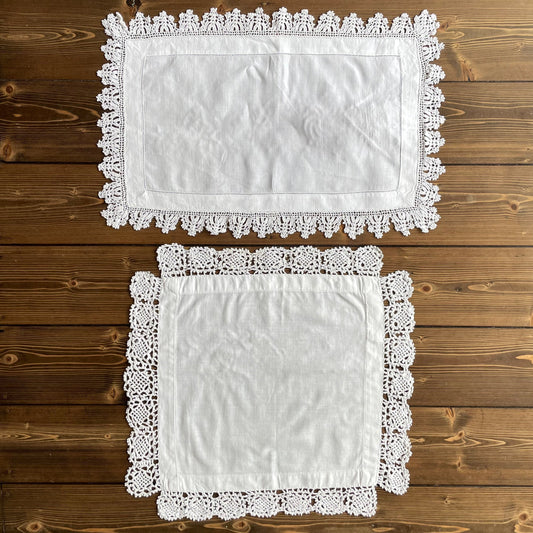 Vintage Set of Two White Crochet Trim Edge Placemats Job Lot Bundle