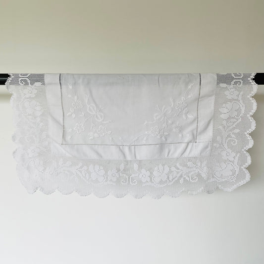 Vintage White Square Lace Border Tablecloth with Bow and Flower Hand Embroidery