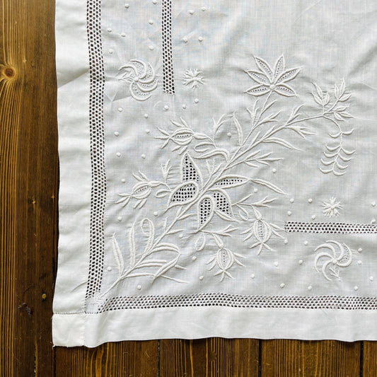 Vintage Handmade Small Floral Hand Embroidered Thistle White Tablecloth