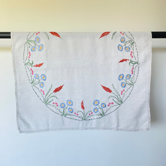 Vintage White Hand Embroidered Floral Circle Blue, Green and Orange Square Tablecloth