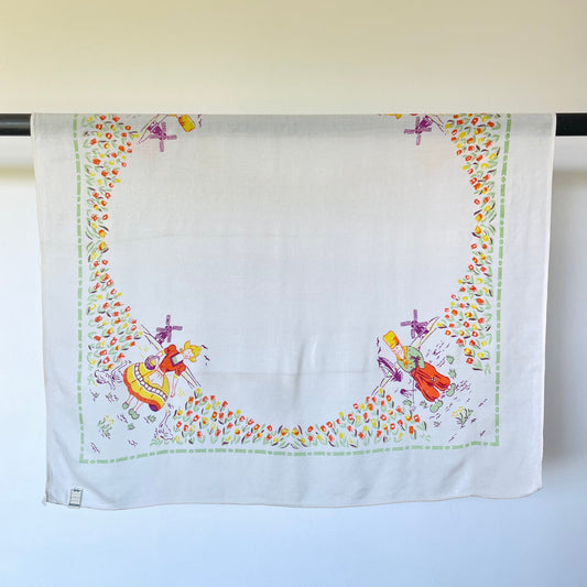 Vintage White and Multicoloured Dutch Windmill Tulip Fields Character Tablecloth