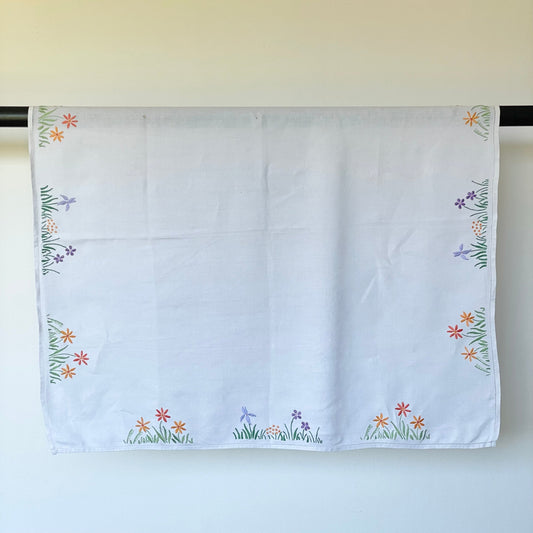 Vintage White Square Tablecloth with Orange and Green Hand Embroidered Floral Flowers