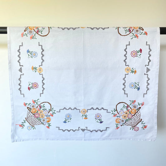 Vintage Hand Embroidered Square Flower Basket Floral Cottagecore Tablecloth