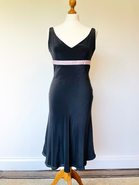 Vintage Black Silk V-Neck Fit and Flare Sleeveless Dress with Pastel Pink Ribbon