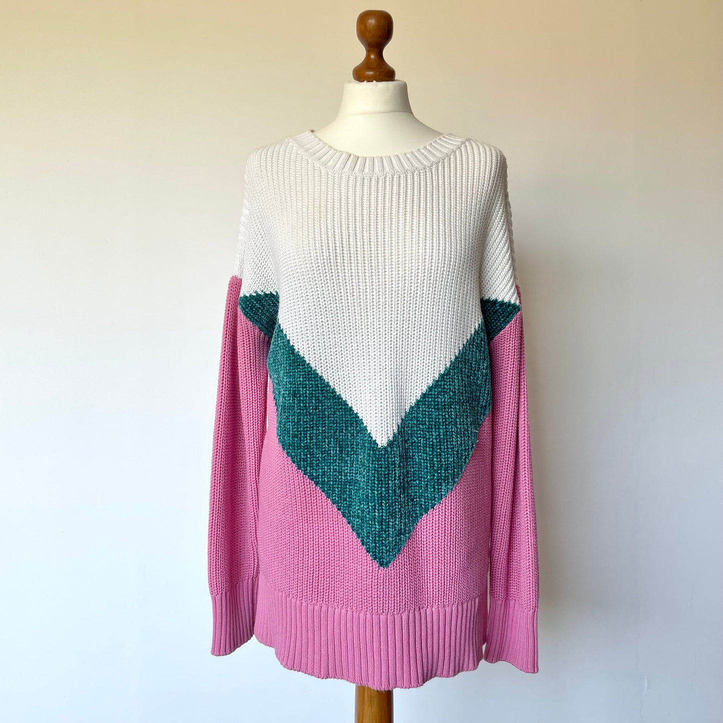Preloved Pink, Green and White Noisy May Knitted Jumper Large