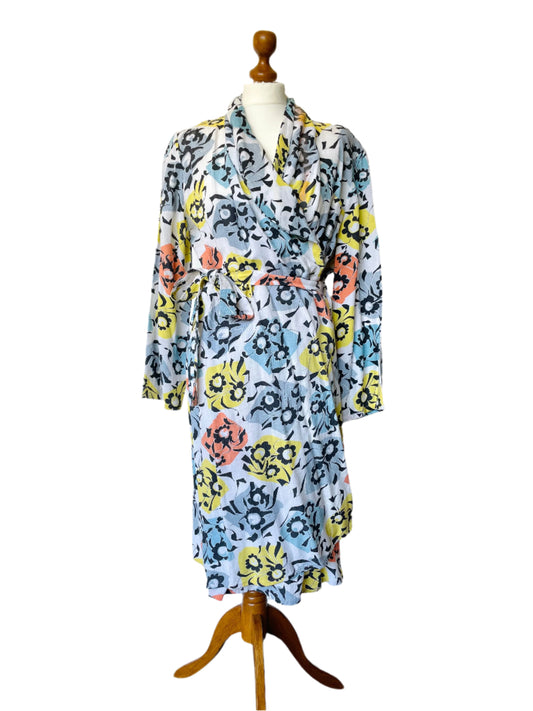 Vintage Mid Century Floral Wrap Dress in Cream and Blue 1960s