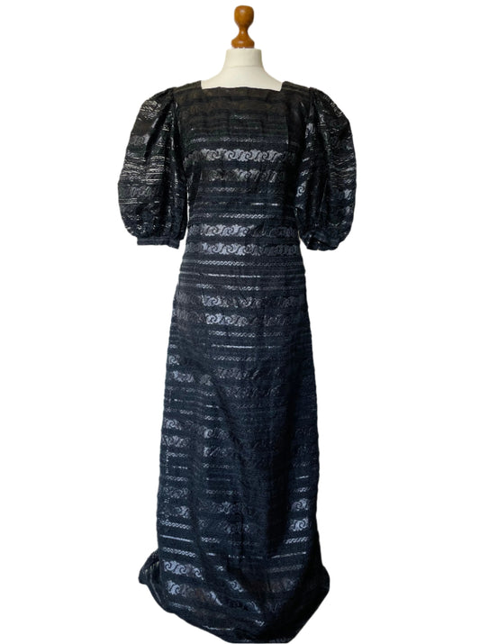 Vintage Vezenina Maribor Black Textured Maxi Dress with Puff Sleeves