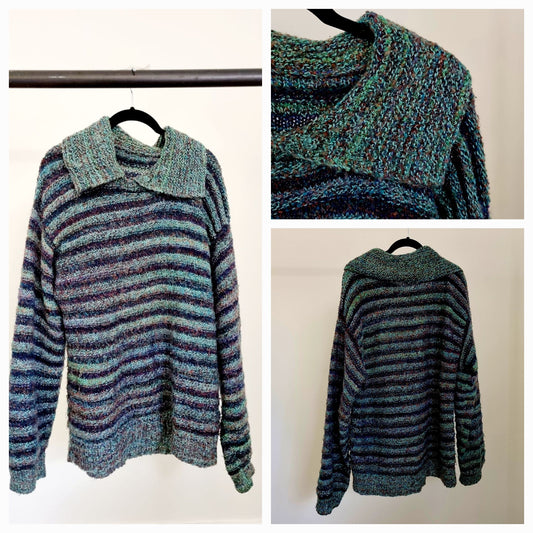 Handmade Striped Jumper Multicolour Green Sweater V-Neck Collar (LARGE)