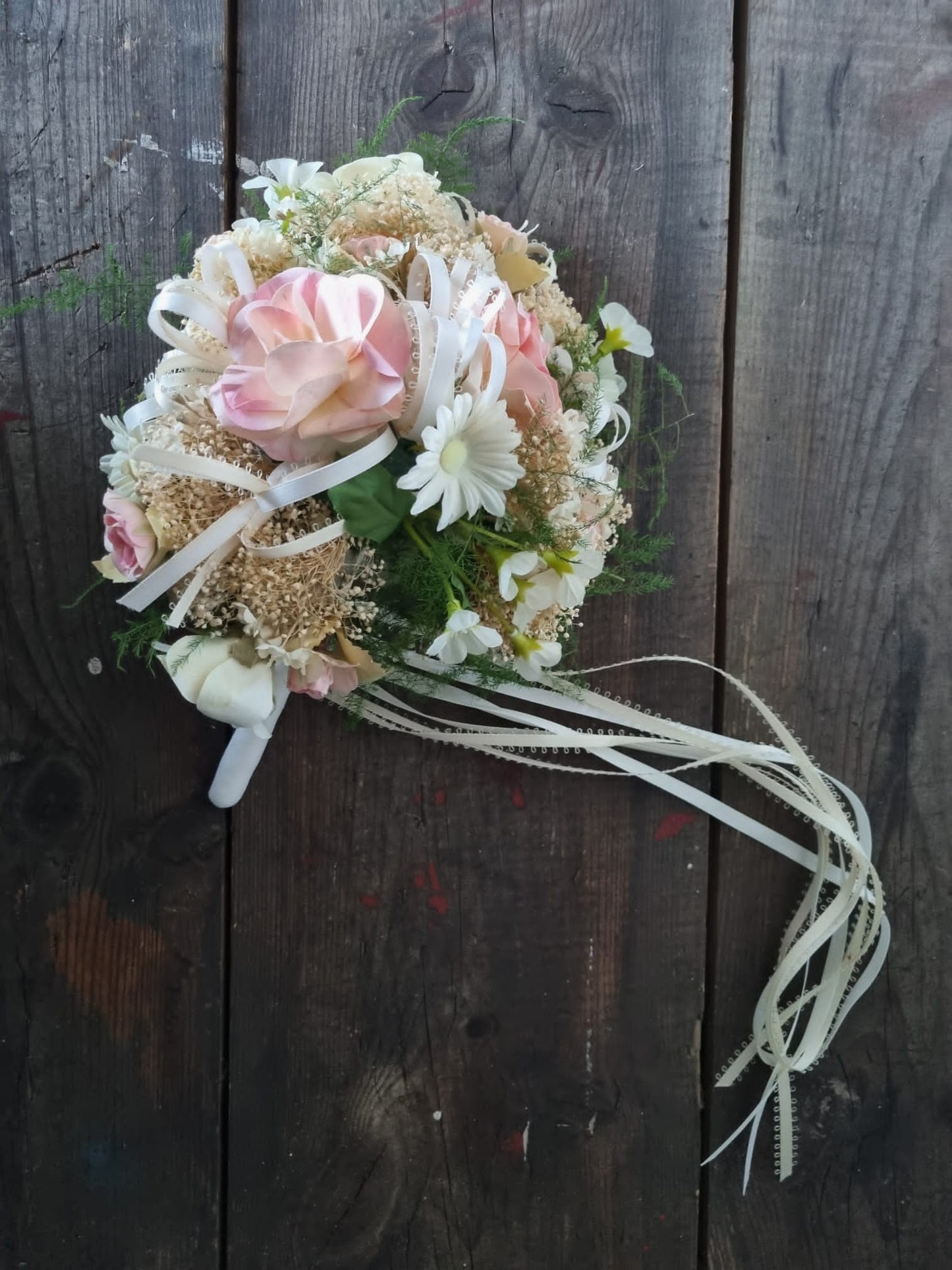 Vintage Pink and White Bridal Bouquet with Wedding Ribbon Detailing & Real Foliage