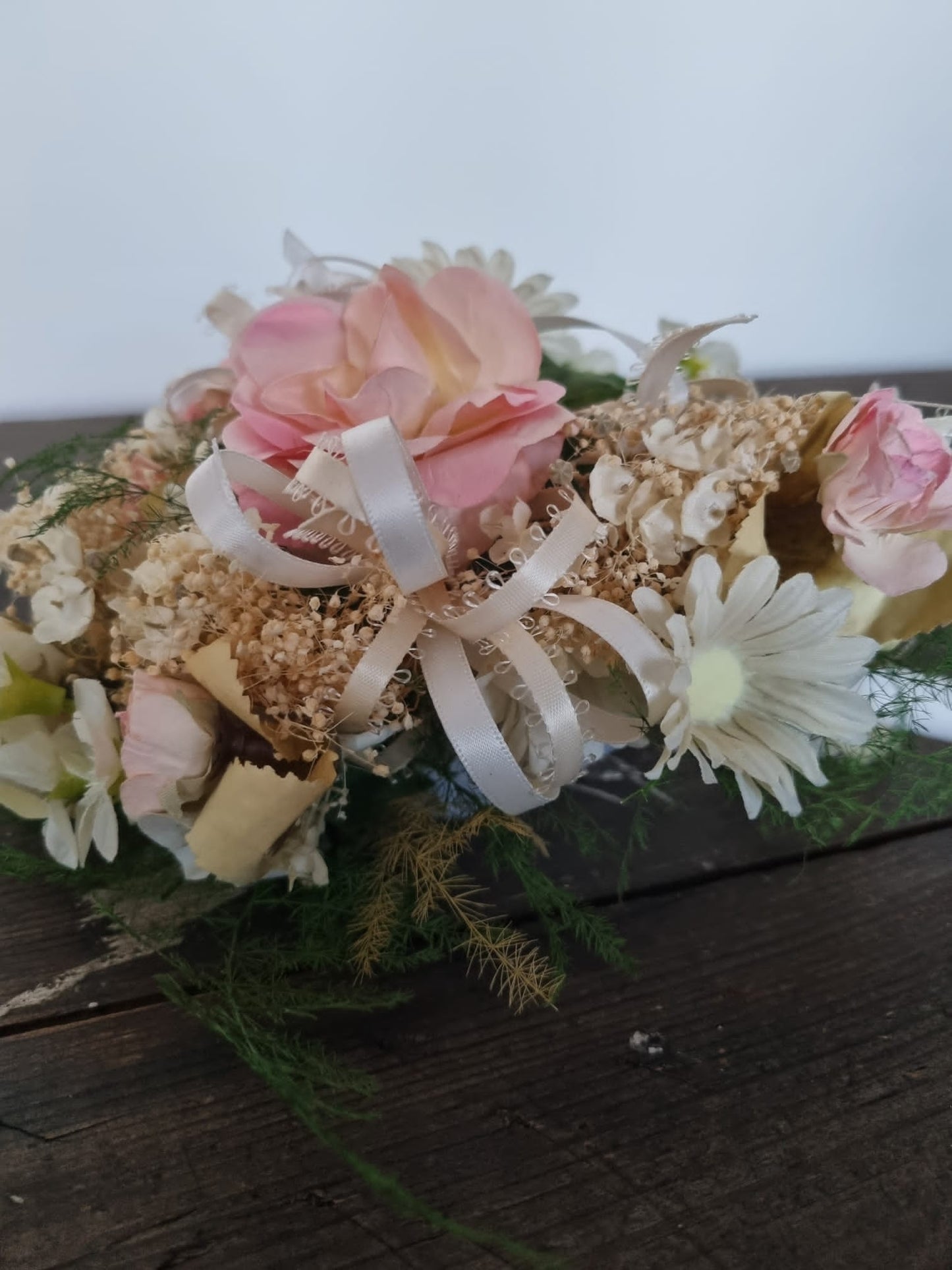 Vintage Pink and White Bridal Bouquet with Wedding Ribbon Detailing & Real Foliage