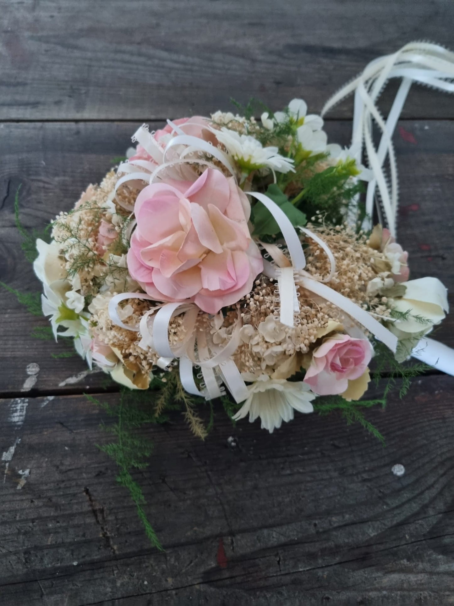 Vintage Pink and White Bridal Bouquet with Wedding Ribbon Detailing & Real Foliage