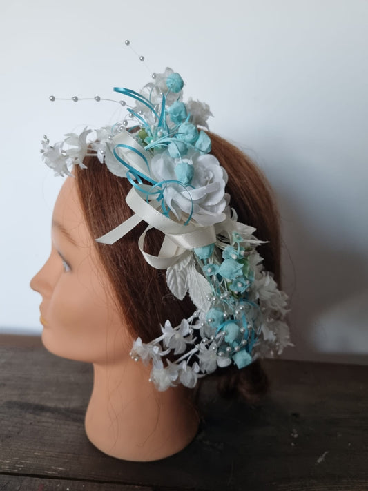 Vintage Blue and White Bridal Headpiece Haircomb with Roses, Ribbon and Beaded Detail