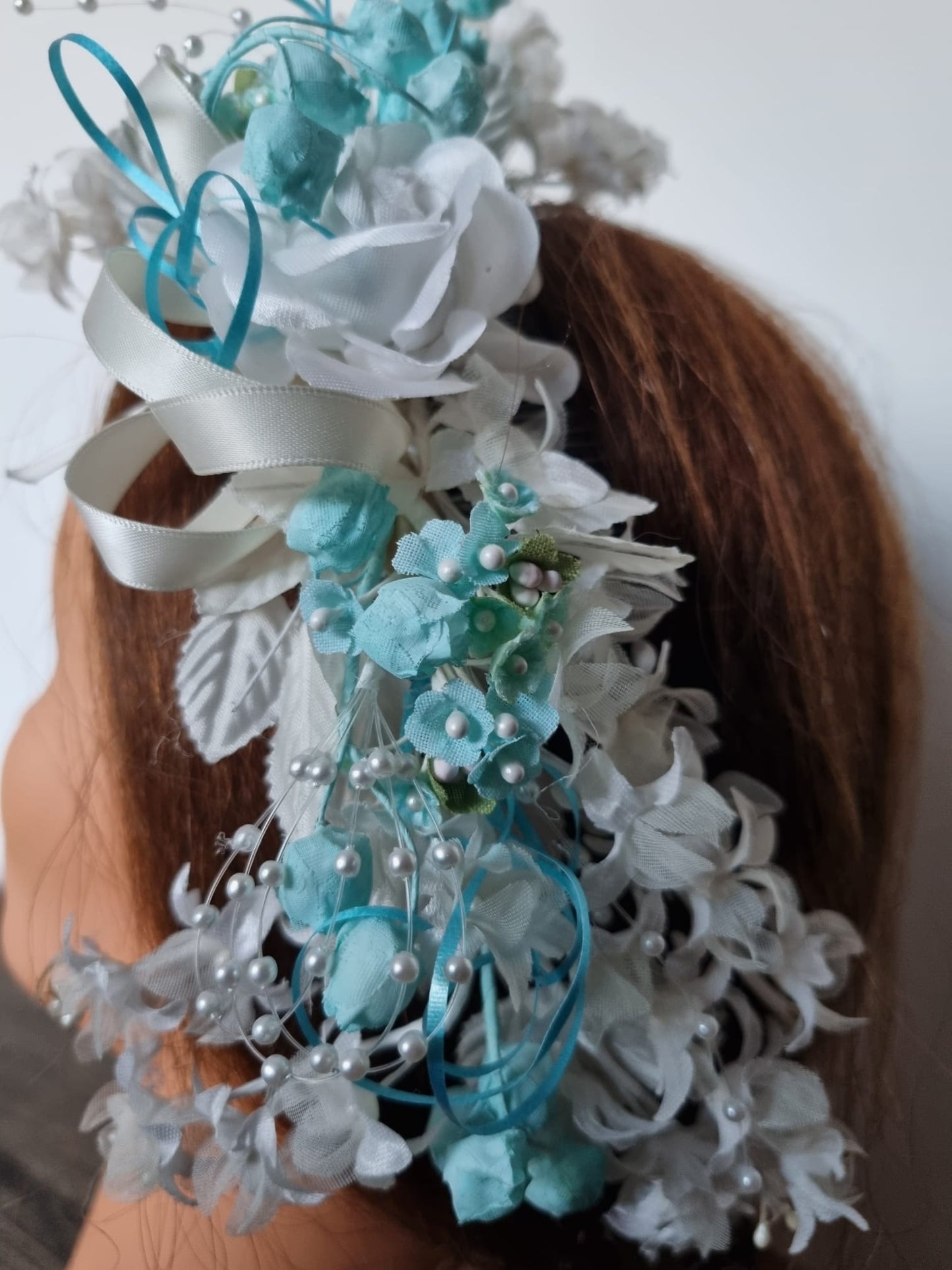 Vintage Blue and White Bridal Headpiece Haircomb with Roses, Ribbon and Beaded Detail