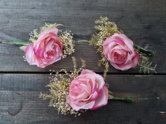 Vintage Pink Floral Wedding Groomsmen Men's Buttonholes Boutonniere x 3