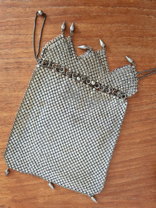 Vintage Antique 1920s Art Deco Silver and Gold Chainmail Mesh Slouch Pouch Evening Bag