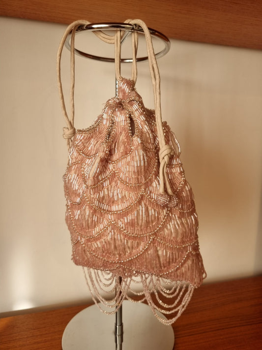 Vintage Antique 1920s Baby Pink Beaded Flapper Tassle Pouch Evening Bag