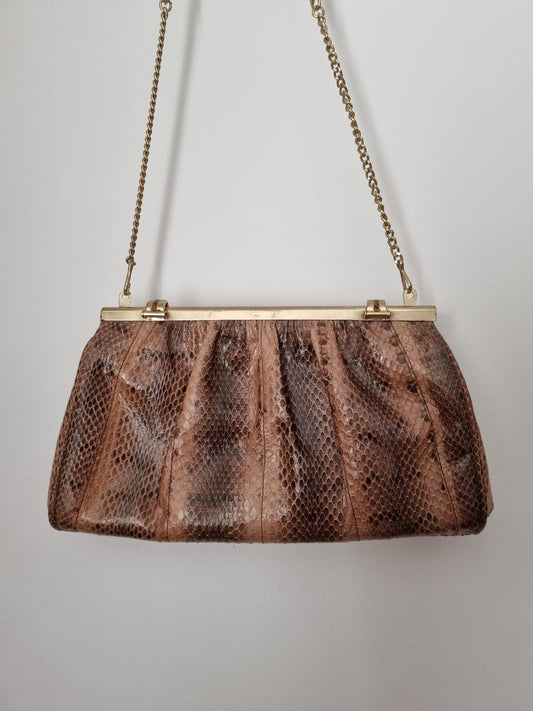 Vintage Brown Snakeskin Leather with Gold Chain Strap Shoulder Bag