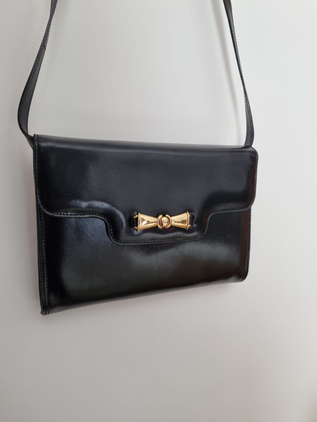 Vintage Vivaldi Black Envelope Shoulder Bag with Gold Bow Detailing