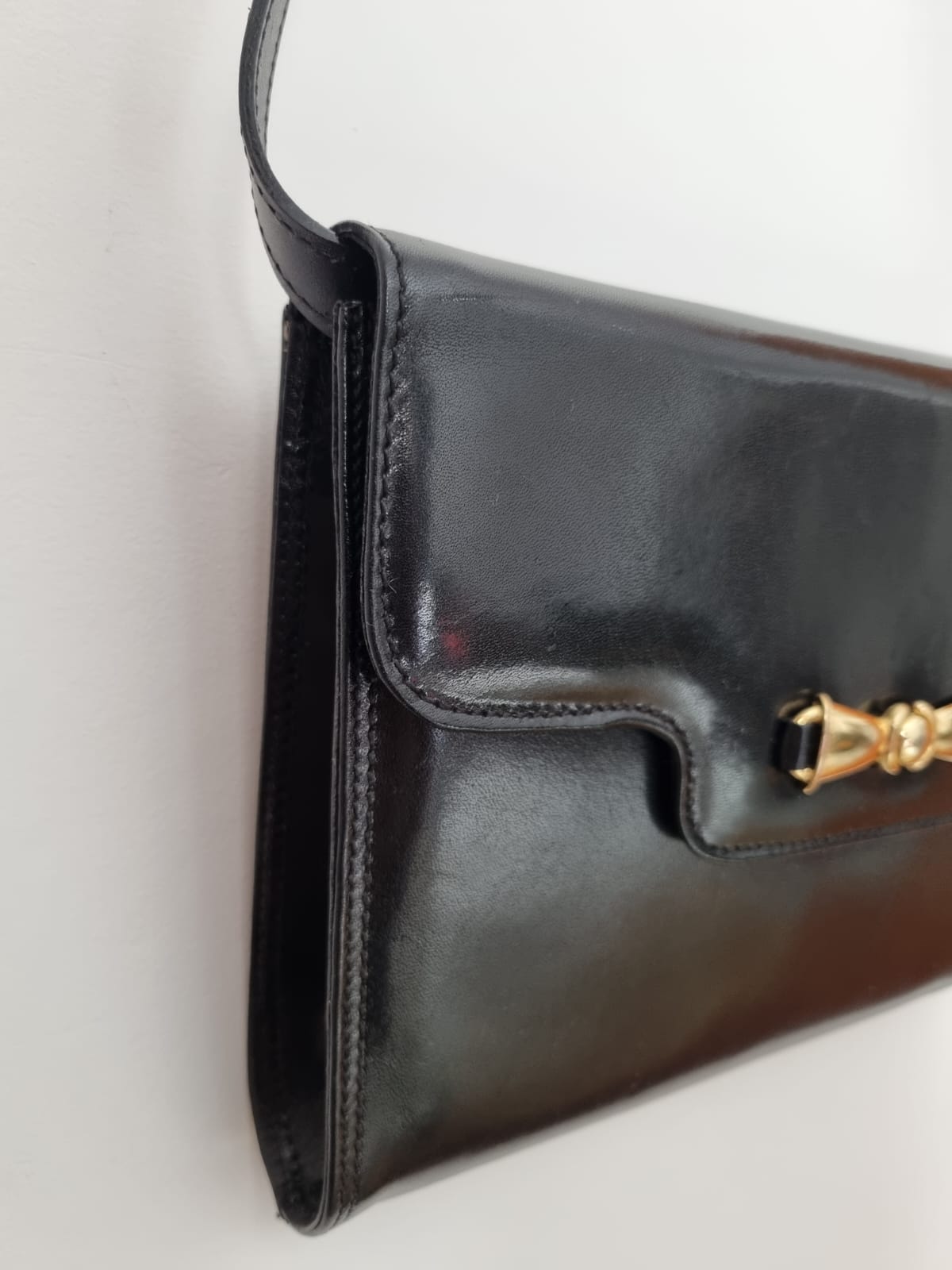 Vintage Vivaldi Black Envelope Shoulder Bag with Gold Bow Detailing